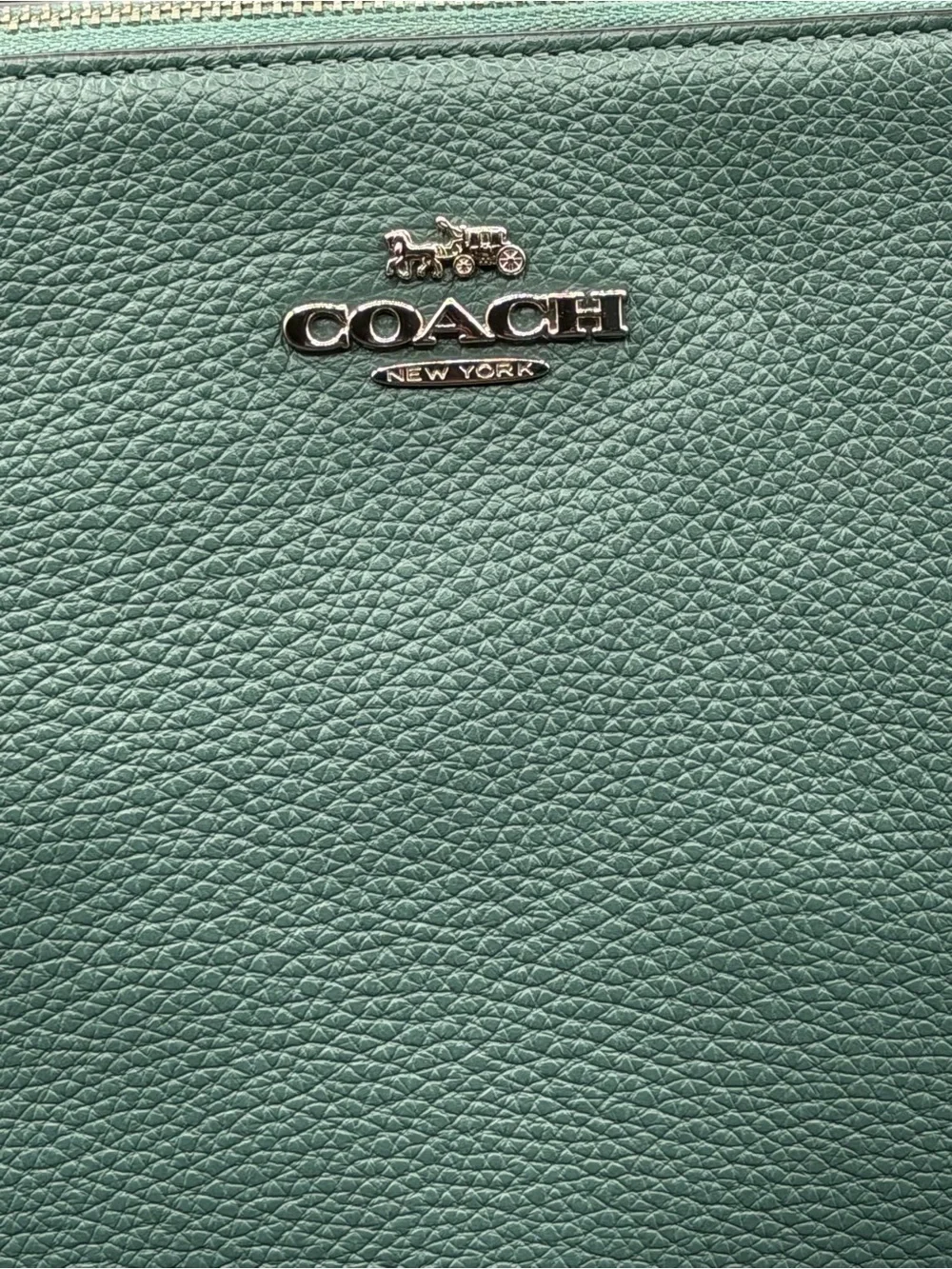 Coach Teal Pebbled Leather Tote Bag — Silver Chain Strap Shoulder Bag - Picture 2 of 8
